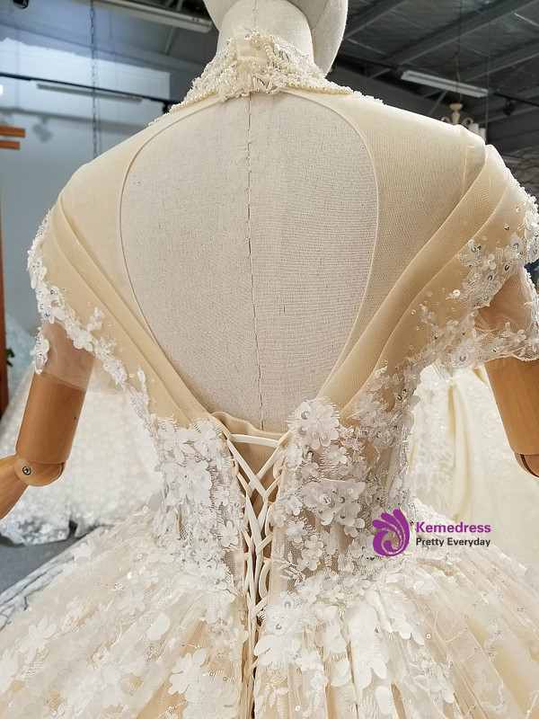 Luxury Champagne Ball Gown Appliques Backless With Sequins Wedding Dress