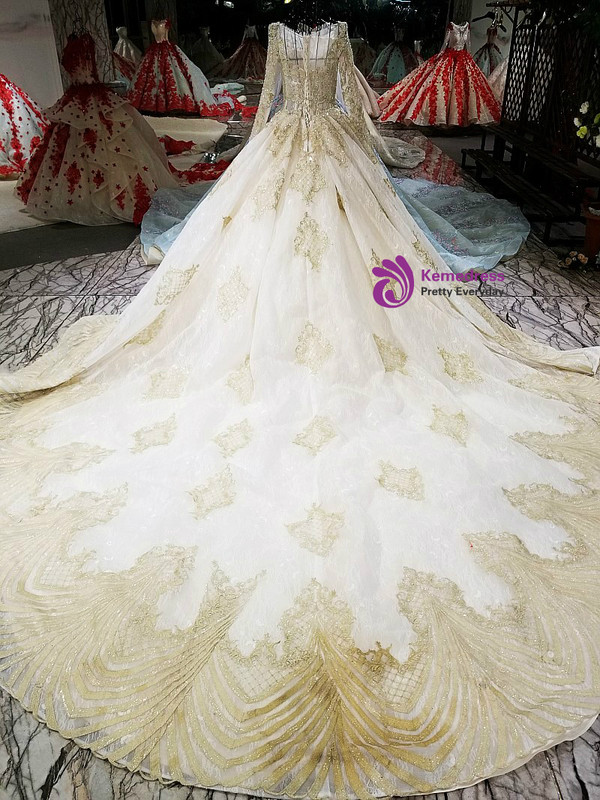 Champagne Ball Gown Long Sleeve Appliques Beading Wedding Dress