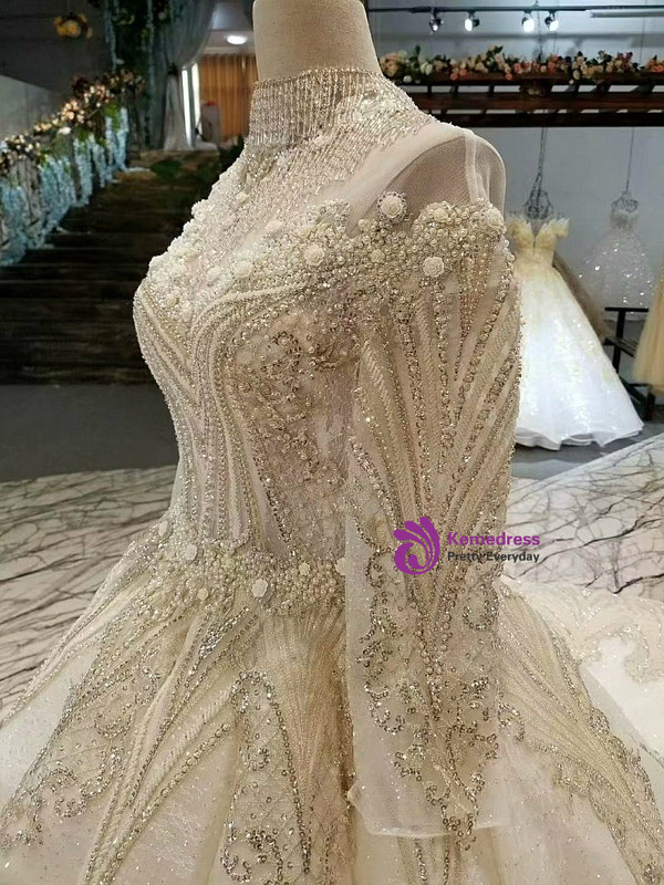 Champagne Ball Gown Off The Shoulder Long Sleeve Beading Appliques Weddign Dress