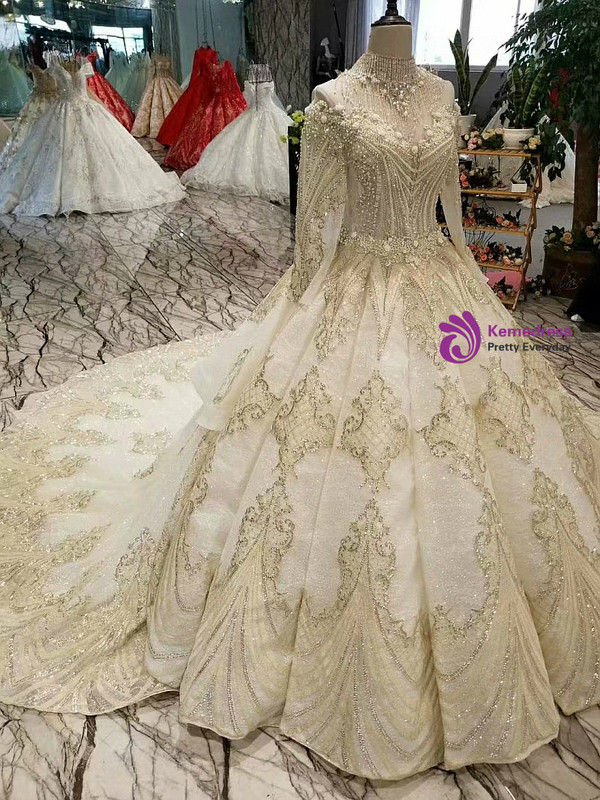 Champagne Ball Gown Off The Shoulder Long Sleeve Beading Appliques Weddign Dress