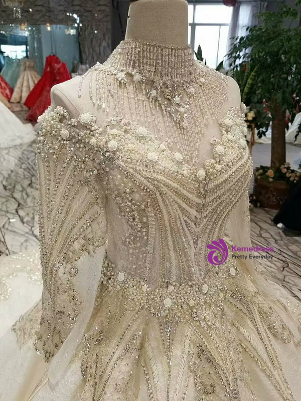 Champagne Ball Gown Off The Shoulder Long Sleeve Beading Appliques Weddign Dress