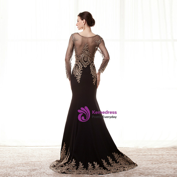 Black Mermaid Satin Appliques Long Sleeve Prom Dress