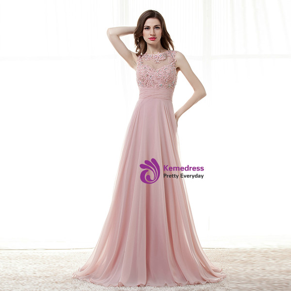 Pink Chiffon Lace Appliques Backless With Crystal Prom Dress