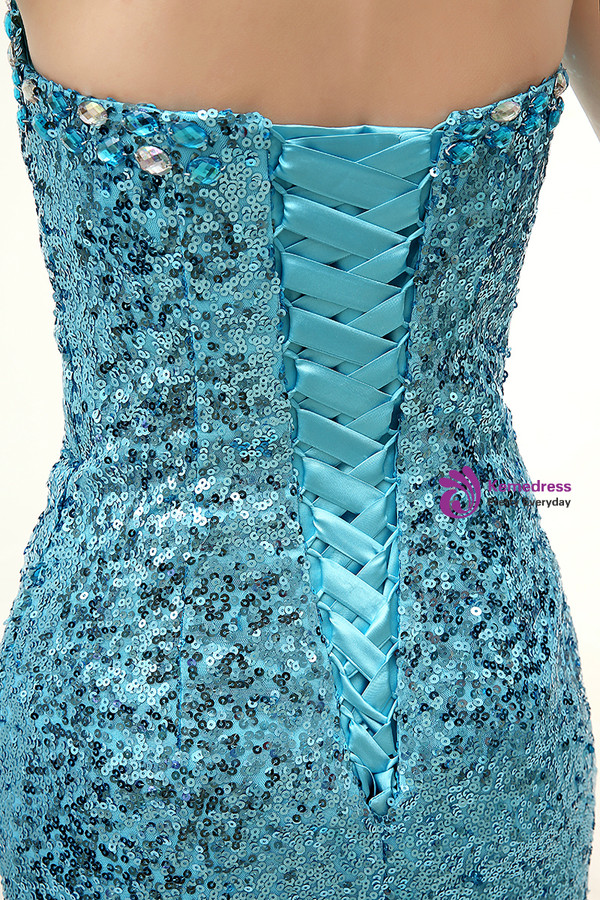 Blue Mermaid Sequins Sweetheart Neck With Crystal Prom Dress