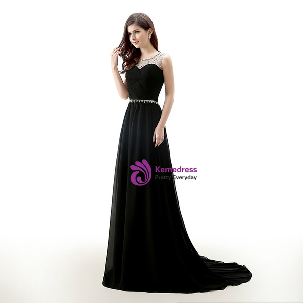 A-Line Black Chiffon Backless Long Prom Dress With Beading