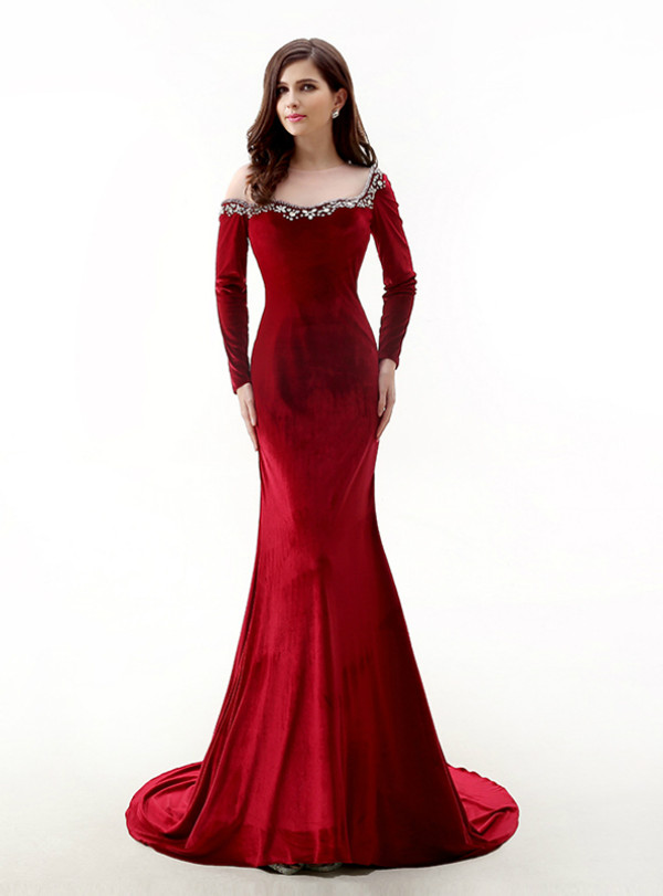 Red Mermaid Velvet Long Sleeve Long Porm Dress With Crystal