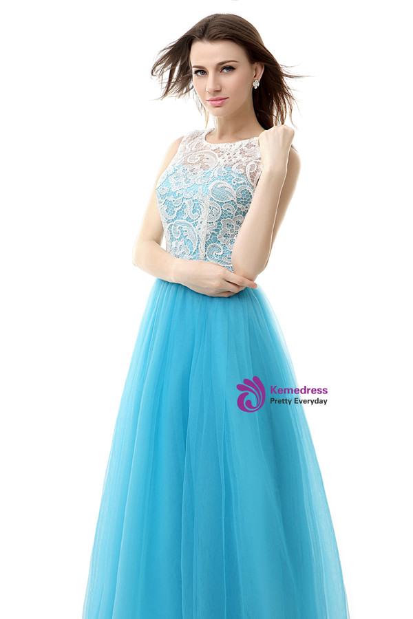 A-Line Blue Tulle Lace Sleeveless Floor Length Prom Dress