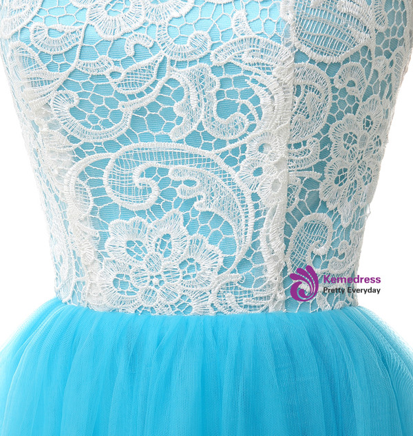 A-Line Blue Tulle Lace Sleeveless Floor Length Prom Dress