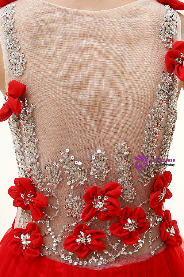 Red Tulle V-neck See Through Prom Dress With Beading Hand Flower