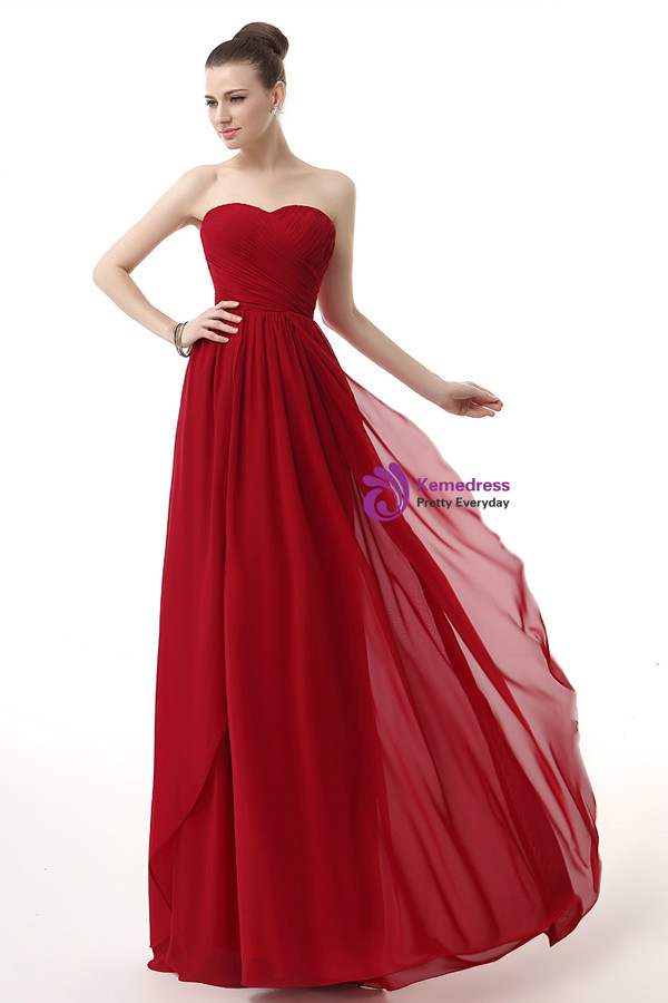 Red Chiffon Sweetheart Neck Long Bridesmaid Dress With Pleats