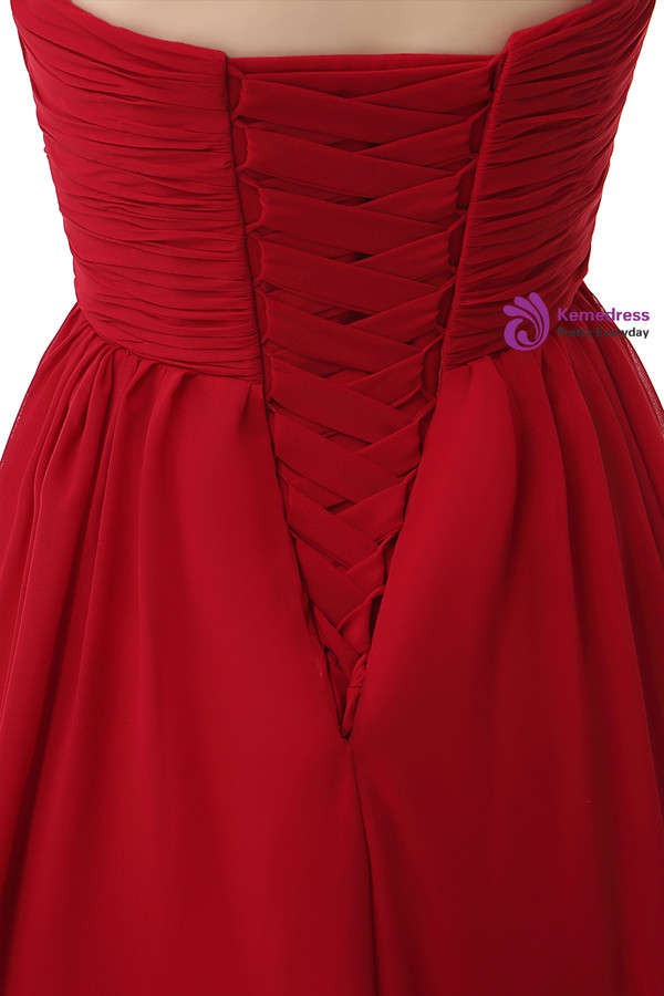 Red Chiffon Sweetheart Neck Long Bridesmaid Dress With Pleats