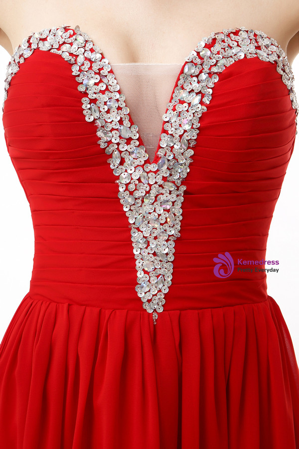 Red Chiffon Sweetheart Neck Pleats Bridesmaid Dress With Beading