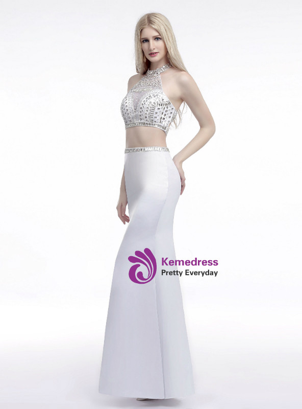 White Mermaid Two Piece Halter Satin Prom Dress With Crystal