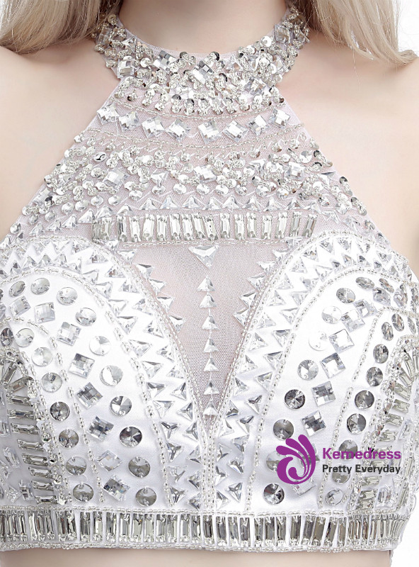 White Mermaid Two Piece Halter Satin Prom Dress With Crystal