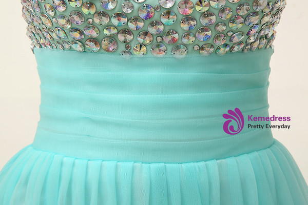 A-Line Green Tulle Backless Long Prom Dress With Crystal