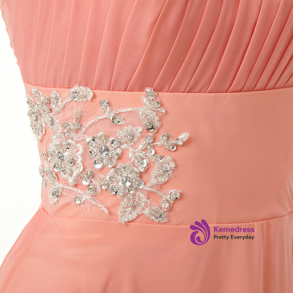 Red Chiffon One Shoulder Backless Appliques Bridesmaid Dress