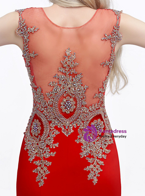 Red Mermaid Satin Gold Appliques Cap Sleeve Prom Dress