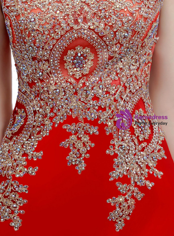 Red Mermaid Satin Gold Appliques Cap Sleeve Prom Dress