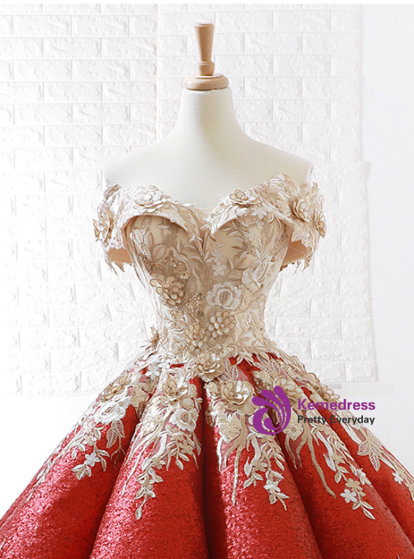 Red Sequins Ball Gown Appliques Off The Shoulder Wedding Dress