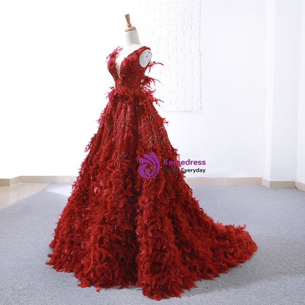 A-Line Red Sequins Feather V-neck Deep Backless Wedding Dress