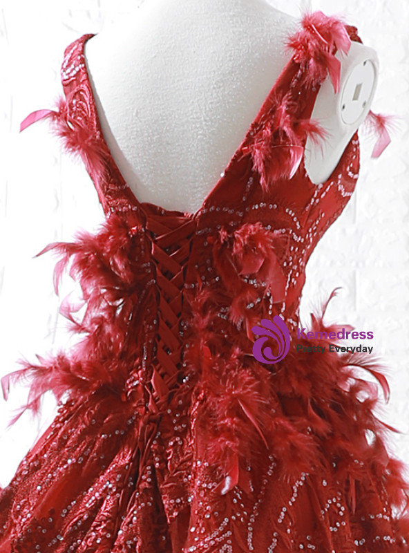 A-Line Red Sequins Feather V-neck Deep Backless Wedding Dress