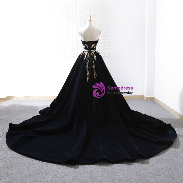 Black Velvet Strapless Crystal With Long Train Wedding Dress
