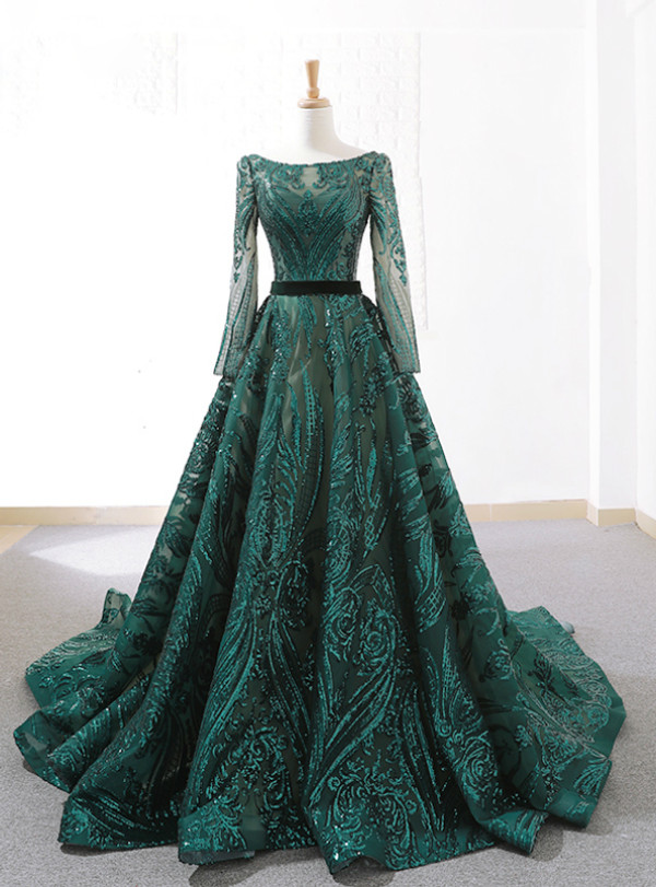 Dark Green Sequins Long Sleeve Backless Weddign Dress With Long Train