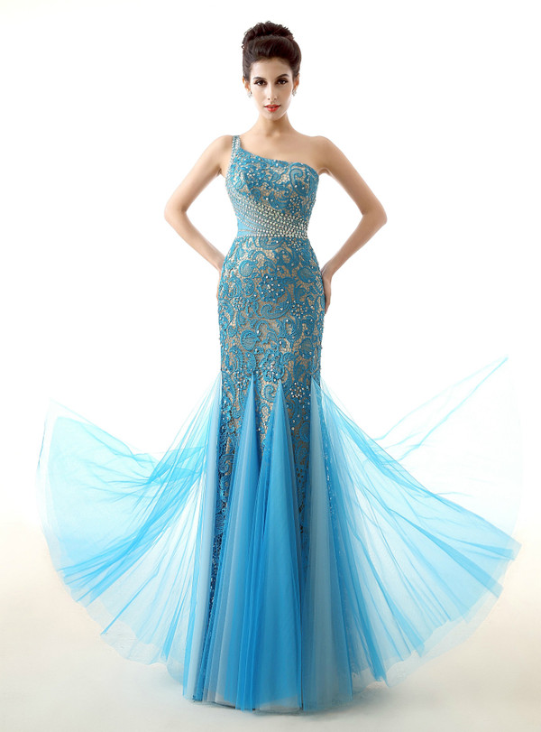 Blue Tulle Lace Mermaid One Shoulder Crystal Prom Dress