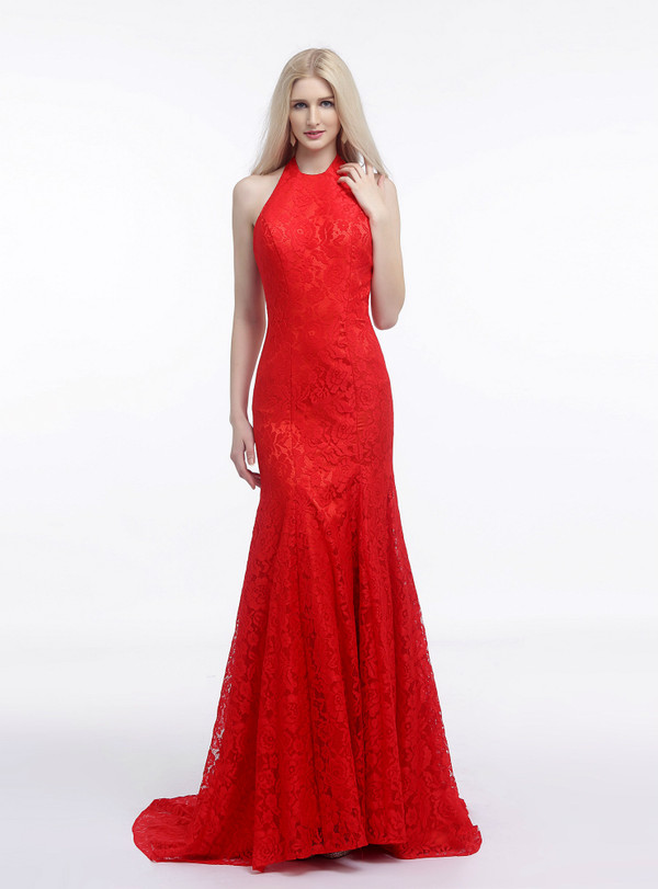 Red Lace Mermaid Halter Backless Long Prom Dress