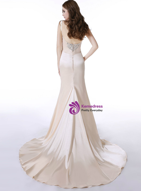 Champagne Satin Mermaid Spaghetti Straps Prom Dress With Beading
