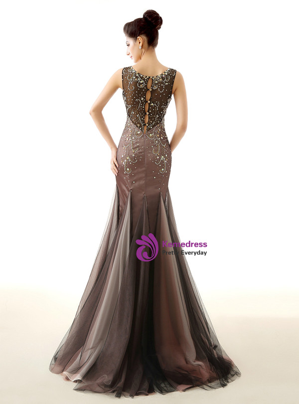 Brown Mermaid Tulle Floor Length Prom Dress With Crystal
