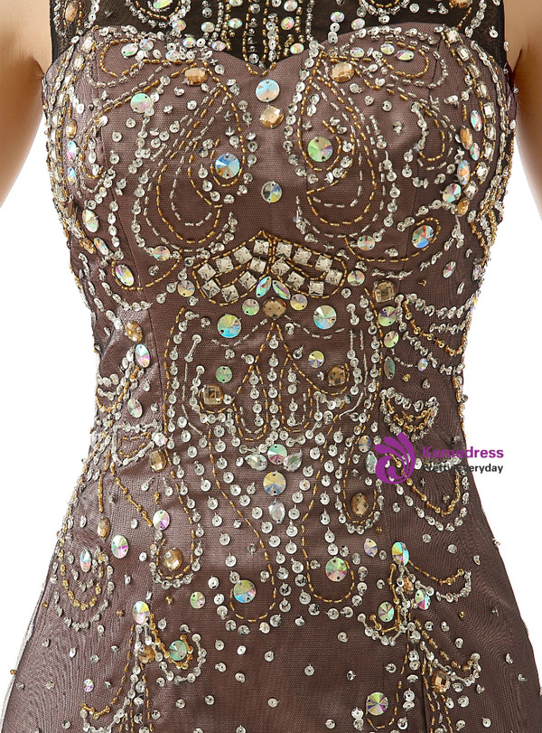 Brown Mermaid Tulle Floor Length Prom Dress With Crystal