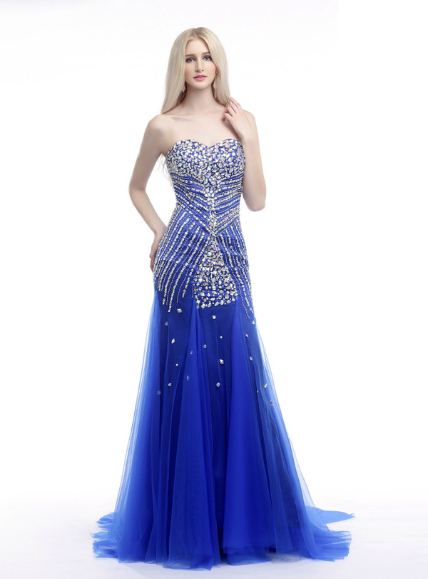Blue Mermaid Sweetheart Neck Tulle Beading Crystal Prom Dress