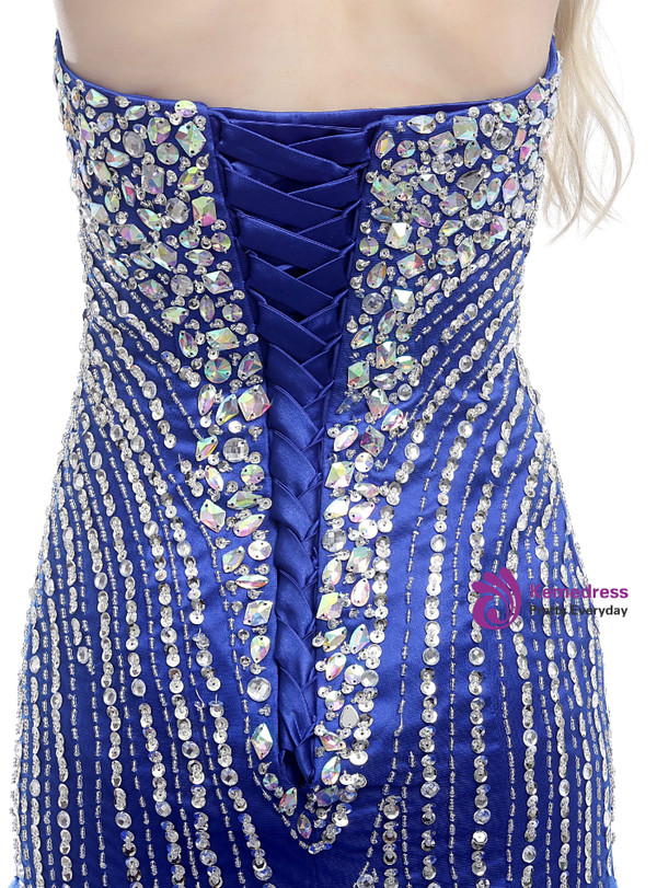 Blue Mermaid Sweetheart Neck Tulle Beading Crystal Prom Dress