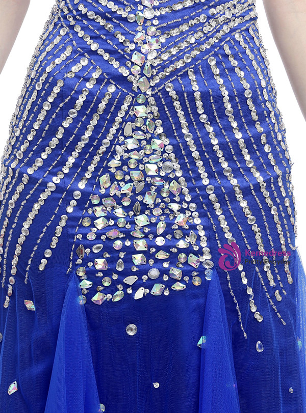 Blue Mermaid Sweetheart Neck Tulle Beading Crystal Prom Dress