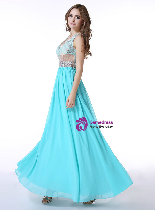 Blue Chiffon Lace V-neck Sexy Back Prom Dress With Crystal