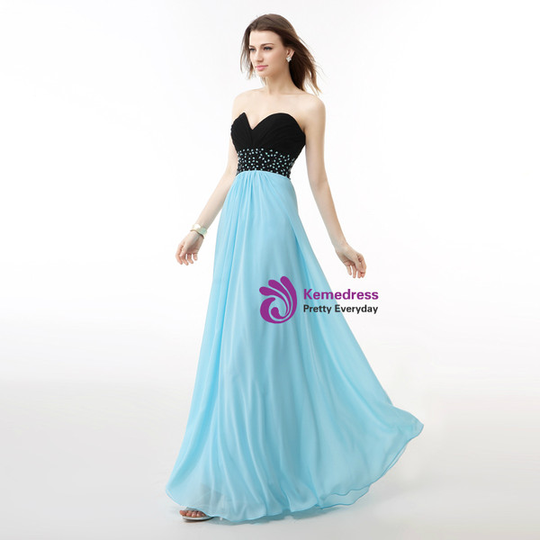 Blue And Black Chiffon Sweetheart Neck Pleats Bridesmaid Dress
