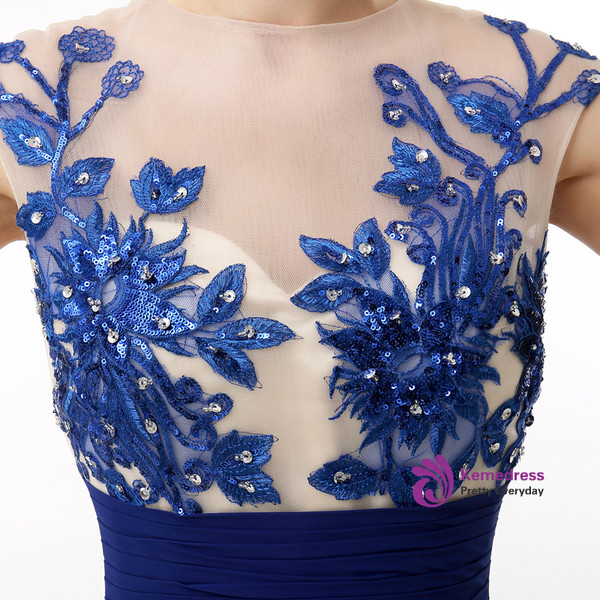 Royal Blue Chiffon Embroidery Sequins Backless Long Prom Dress