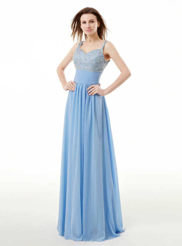 Blue Chiffon Spaghetti Straps Pleats Prom Dress With Sequins