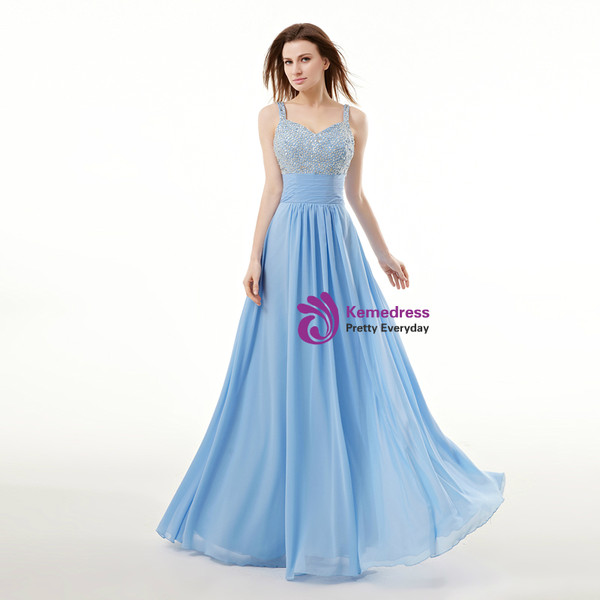Blue Chiffon Spaghetti Straps Pleats Prom Dress With Sequins