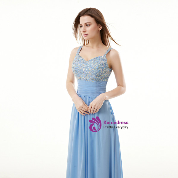 Blue Chiffon Spaghetti Straps Pleats Prom Dress With Sequins