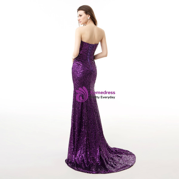 Purple Sequins Mermaid Sweetheartr Neck Prom Dress With Crystal