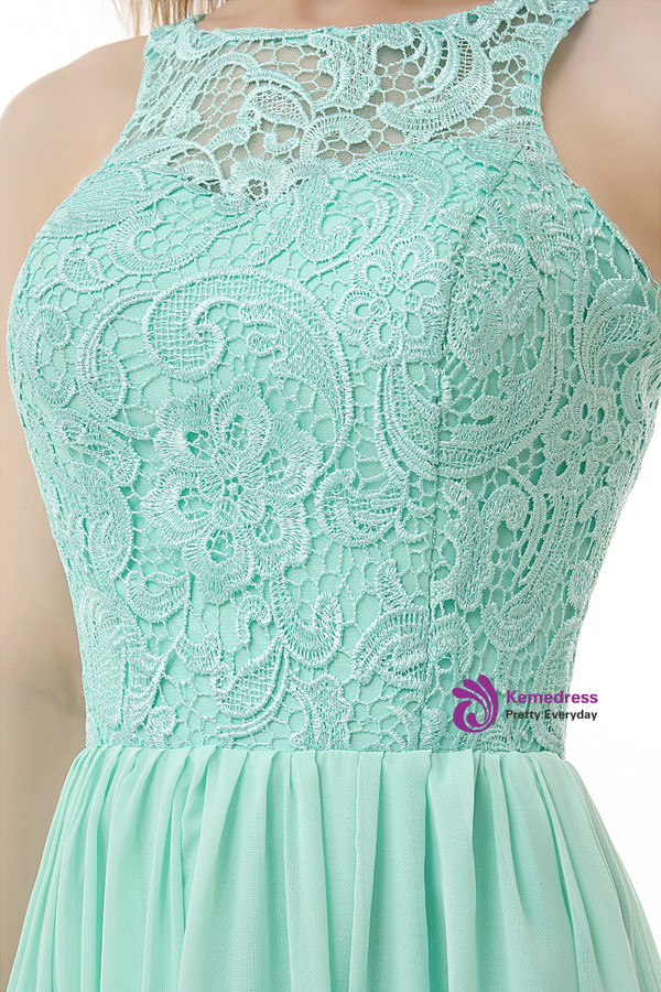 Simple Green Chiffon Lace Backless Bridesmaid Dress