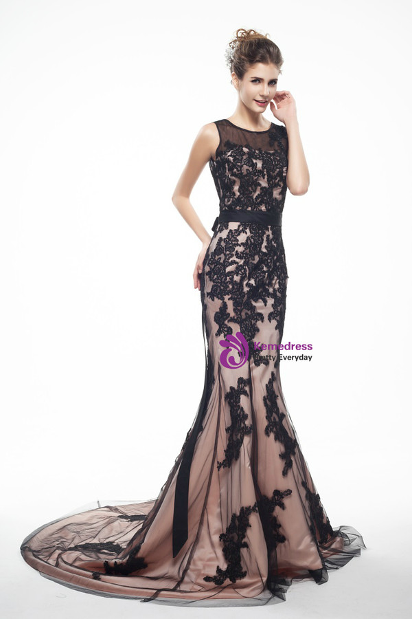 Brown And Black Memraid Appliques Backless Prom Dress With Sash