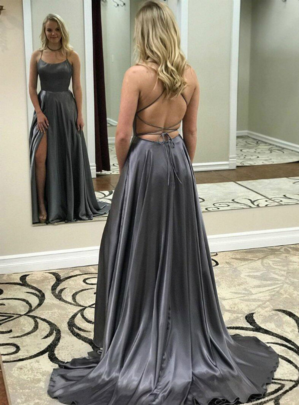grey satin prom dress