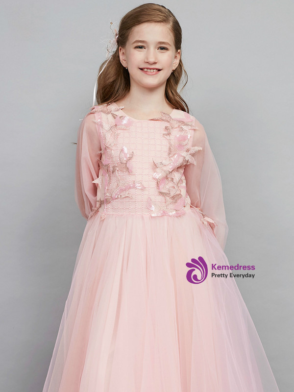 In Stock:Ship in 48 Hours Ready To Ship Pink Tulle Long Sleeve Girl Dress