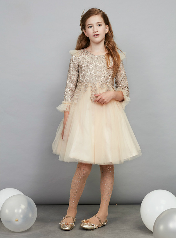 In Stock:Ship in 48 Hours Ready To Ship Champagne Tulle Appliques Girl Dress
