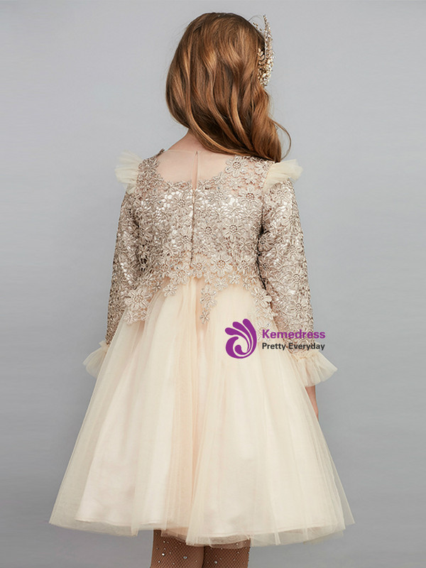 In Stock:Ship in 48 Hours Ready To Ship Champagne Tulle Appliques Girl Dress