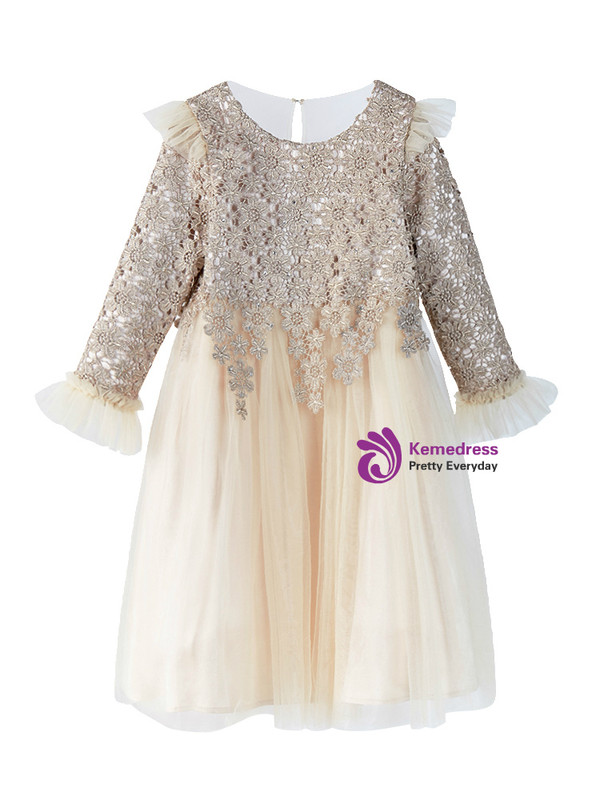 In Stock:Ship in 48 Hours Ready To Ship Champagne Tulle Appliques Girl Dress