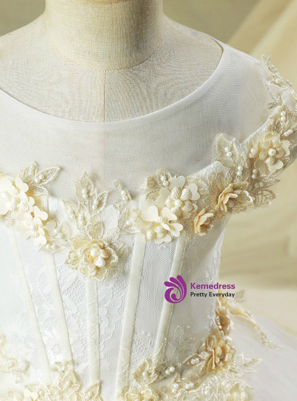 Ball Gown White Tulle Appliques Cap Sleeve Flower Girl Dress